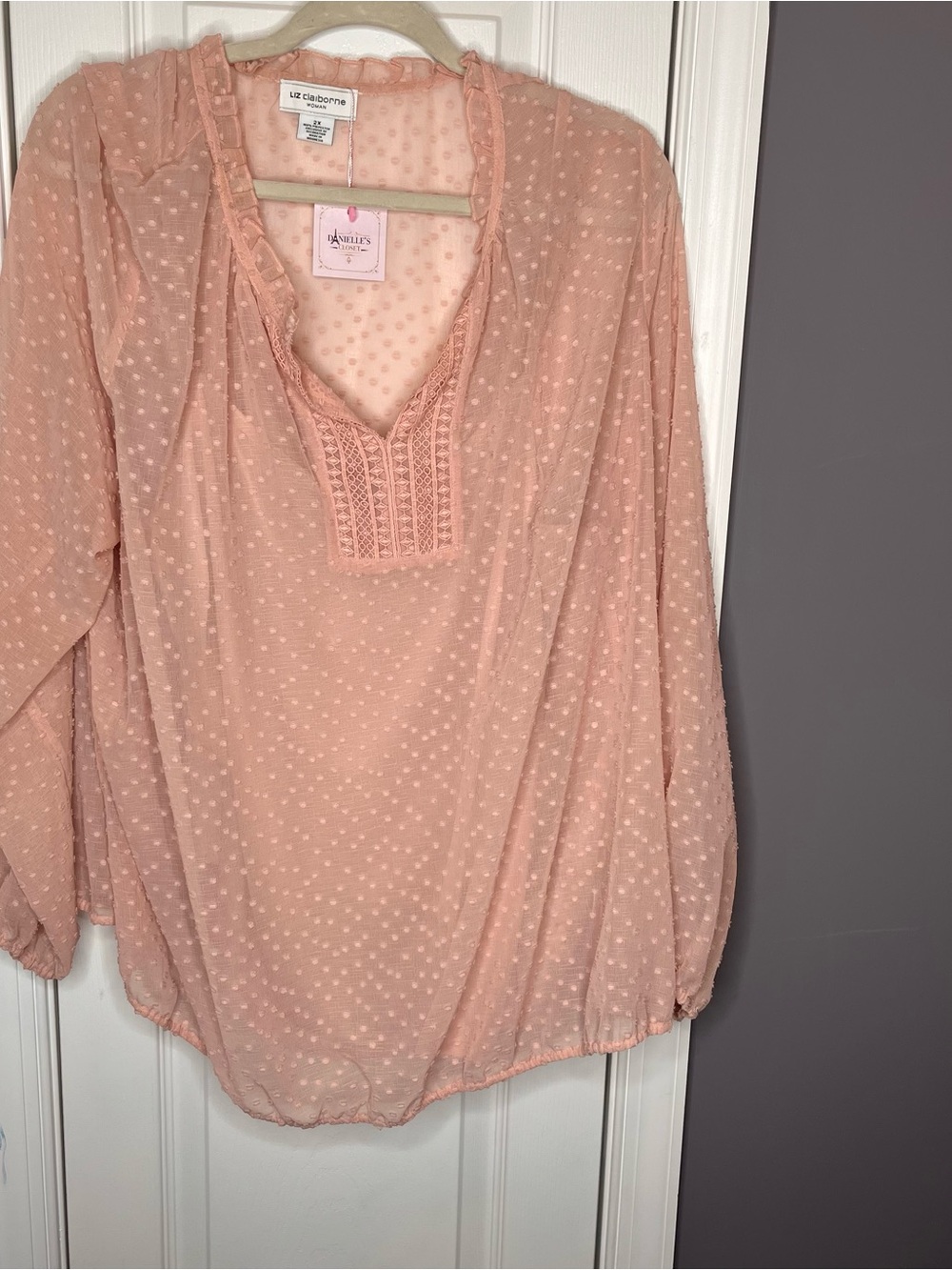 Liz Claiborne Peach Blush Swiss Dot Peasant Blouse